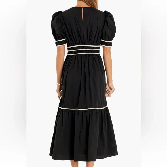 English Factory Bow with Puff Sleeve Midi Cotton Black Dress - Picture 2 of 8